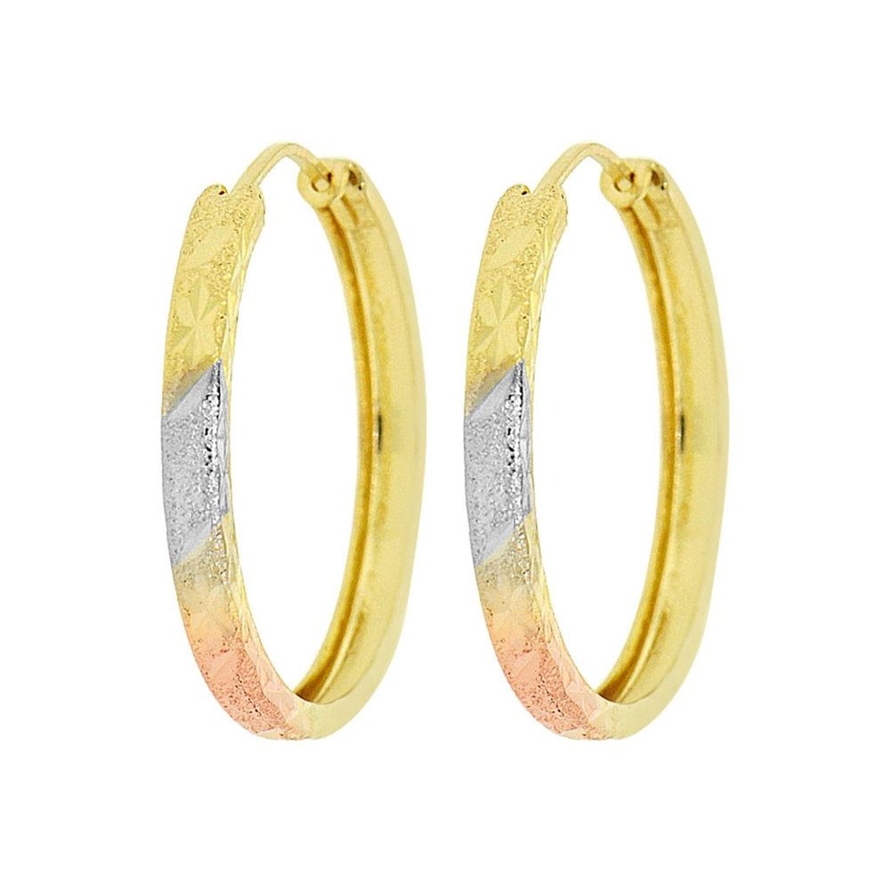 Half Tube Diacut Hoop Earring 23mm Inner Diameter Tricolor Gold 14k